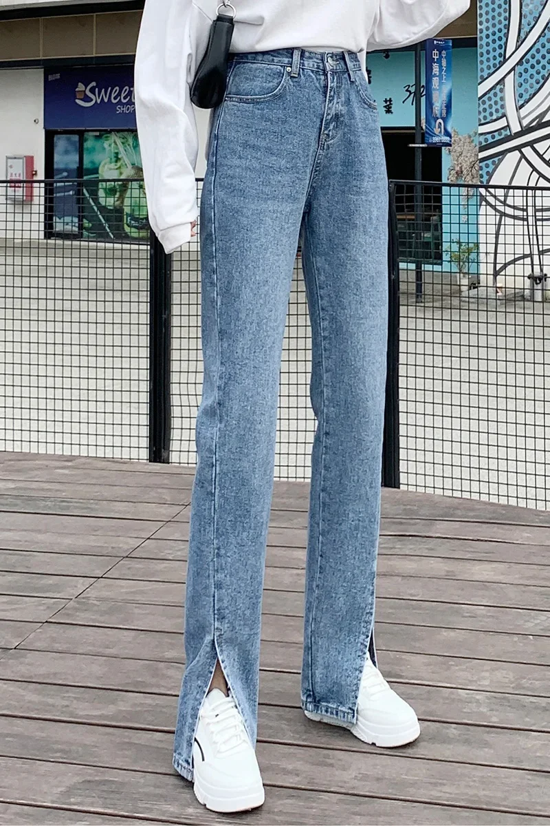 Women Jeans Black Flare Pants Front Side Slit Leg 2024 Spring High Waisted Bell Bottom  Full Length Denim Clothes LJ380