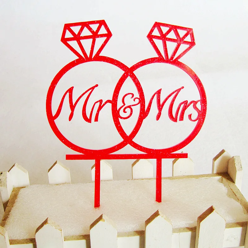 Diamond Ring Cake Flags Acrylic Mr & Mrs Love Wedding Cake Topper Gold Red For Wedding Anniversary Party Cake Baking Decor