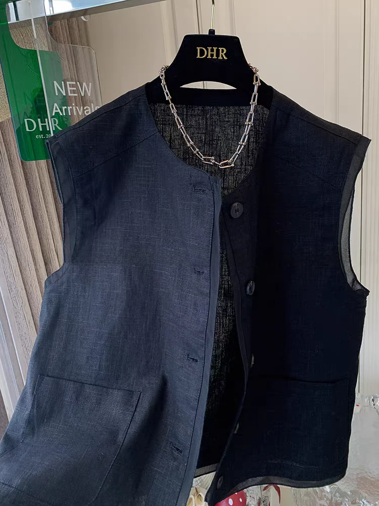 

Retro High-End Cotton Linen Vest Women's Summer Elegance Layering round Ne Vest Svel oulder Pad Open Cardigan Trend...