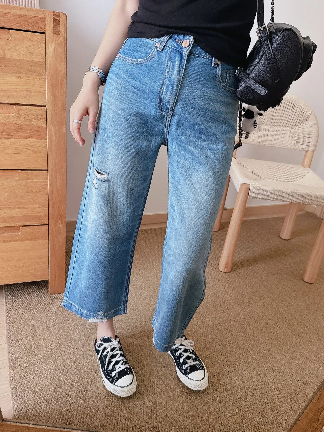 

High Waist Thin Comfortable Draping Ripped Straight Leg Short Women's Jeans Spring Summer B Nine Point Pants