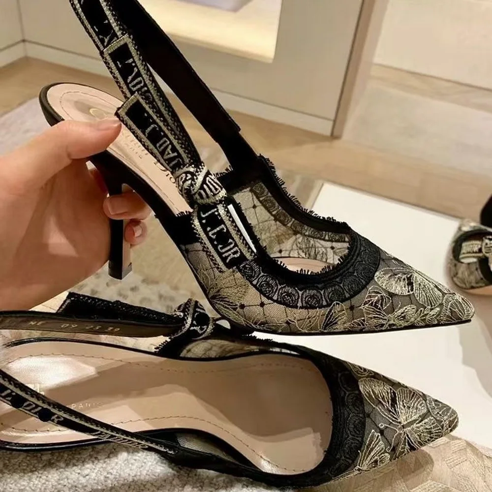 

FHC новые туфли на высоком каблуке с котенком, женские туфли-лодочки, модные кружевные туфли с галстуком-бабочкой, без шнуровки, с открытой спиной, острый носок, черный, Прямая поставка