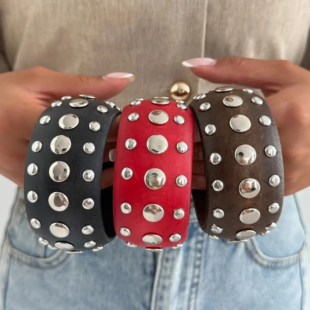 Creative Wooden PuRui Hyperbole Bracelet Stackable Punk Chunky Bangle Bracelet Red Black Wide Bangle Women