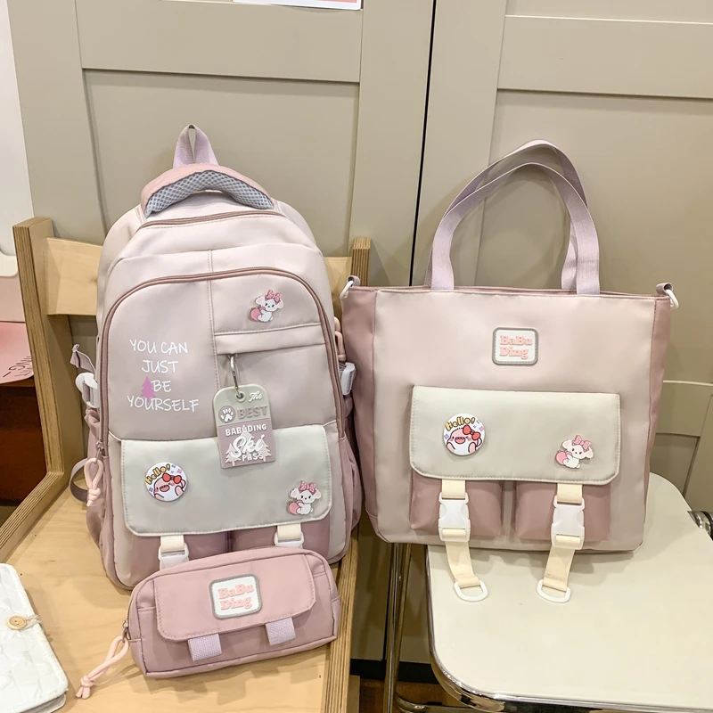 Hot Sale Nylon Solid Color Zipper School Bags 2025 New Back To School Season Three Piece Set Simple Versatile Schoolbags