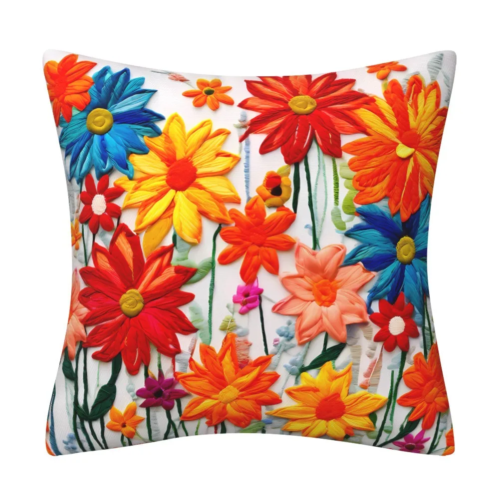 

1pc Peach Skin Cushion Cover 2D Flat Print Oil Painting Floral Throw Pillow Case Colorful Flowers for Sofa Living Room Decor