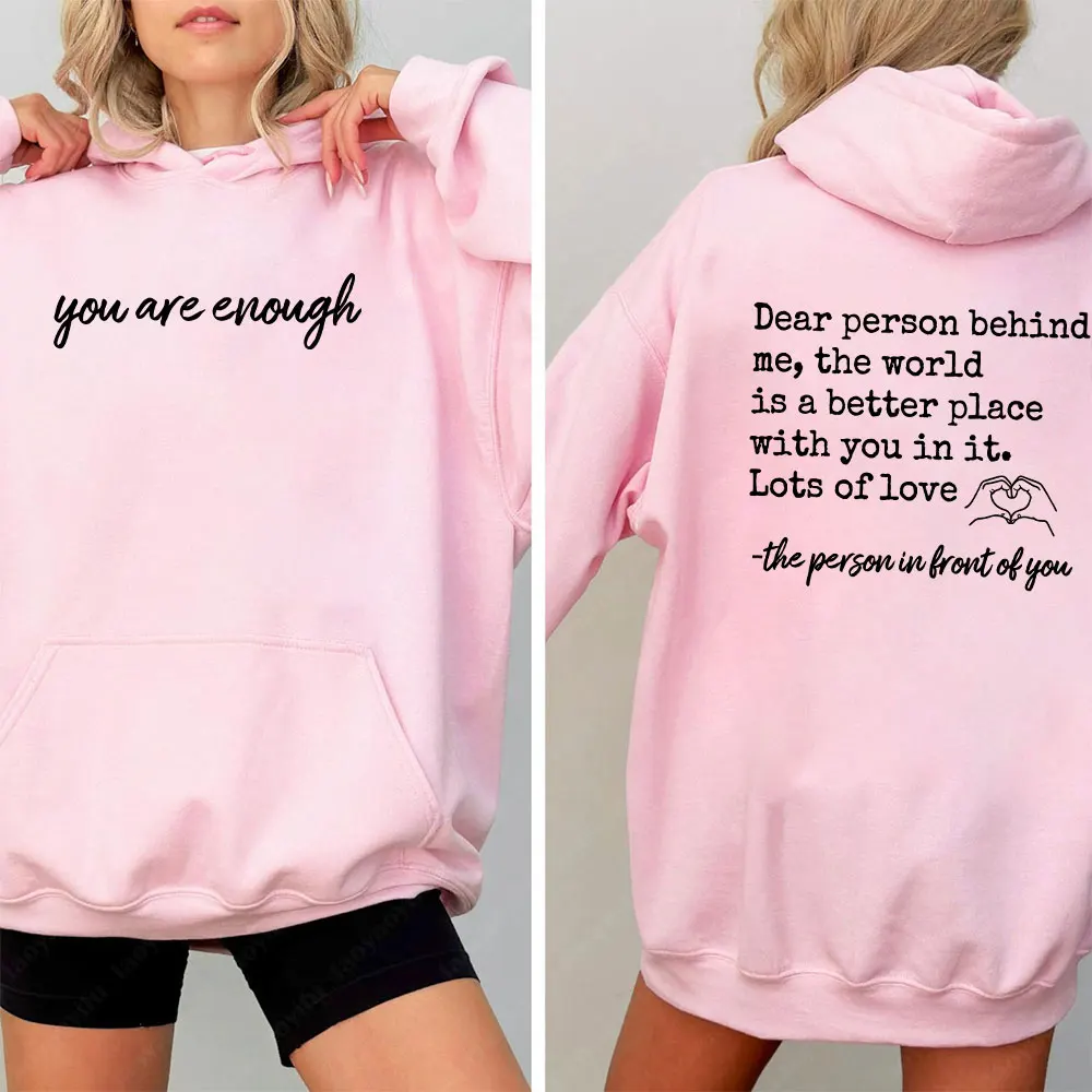 Du bist genug, lieber Mensch hinter mir, beidseitiger Hoodie, Hoodie mit Positivität auf Vorder- und Rückseite, Sweatshirt zur Suizidprävention – Detail 18