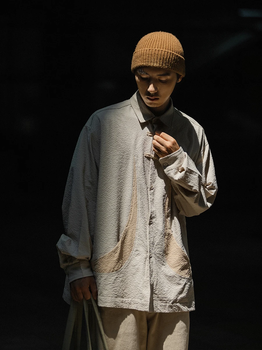 

Noears Retro Loose Collar Button up Anti-Wrinkle Men's irt Vintage Sle Workwear Casual Long Sve Polyester Fibre