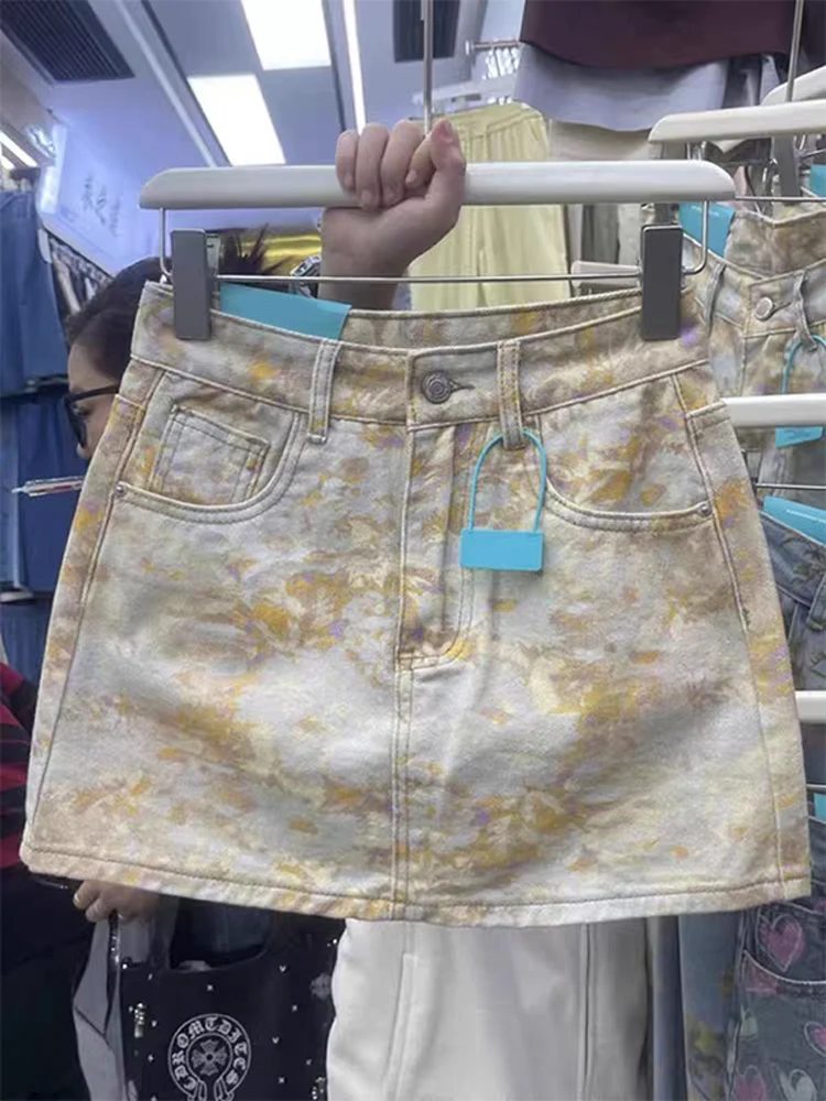 

Ретро-юбка из денима в американском стиле с эффектом окрашивания, женская летняя юбка А-силуэта, облегающая, с защитой от просвечивания, средней длины, для повседневной носки