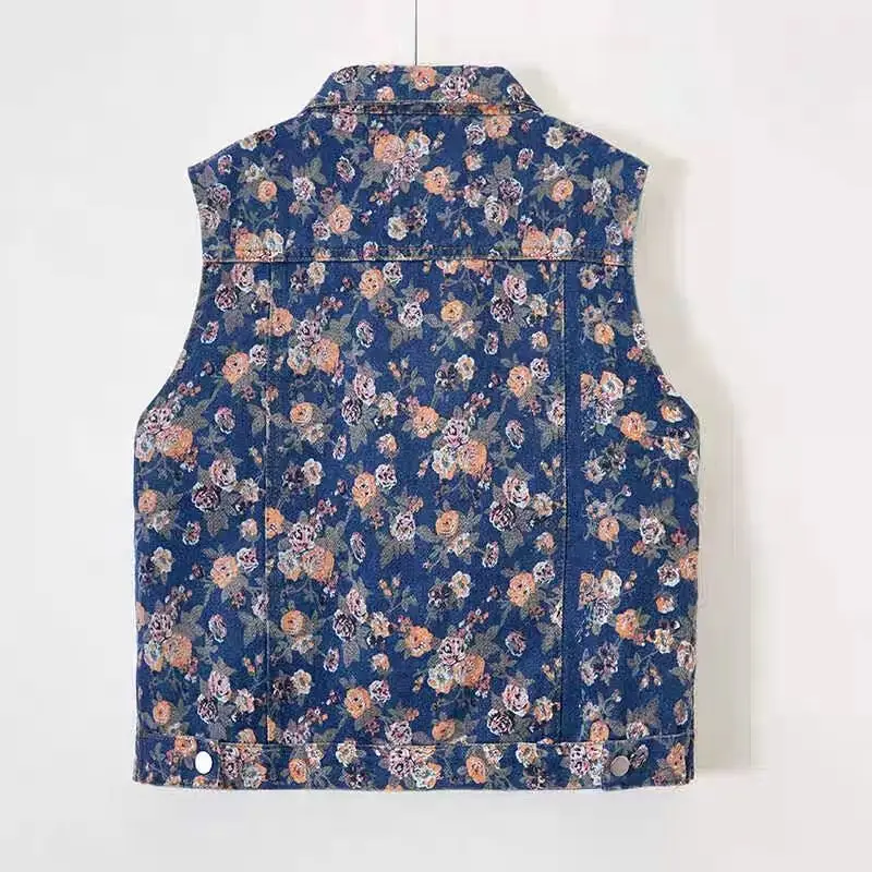 Big pocket printed denim vest women's short 2024 spring and summer new Korean version loose sleeveless top