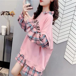 Mode Bedrukt Gesplitst Plaid Nep Twee Stukken Sweatshirts Vrouwelijke Kleding 2023 Herfst Nieuwe Losse Casual Tops Koreaanse Sweatshirts