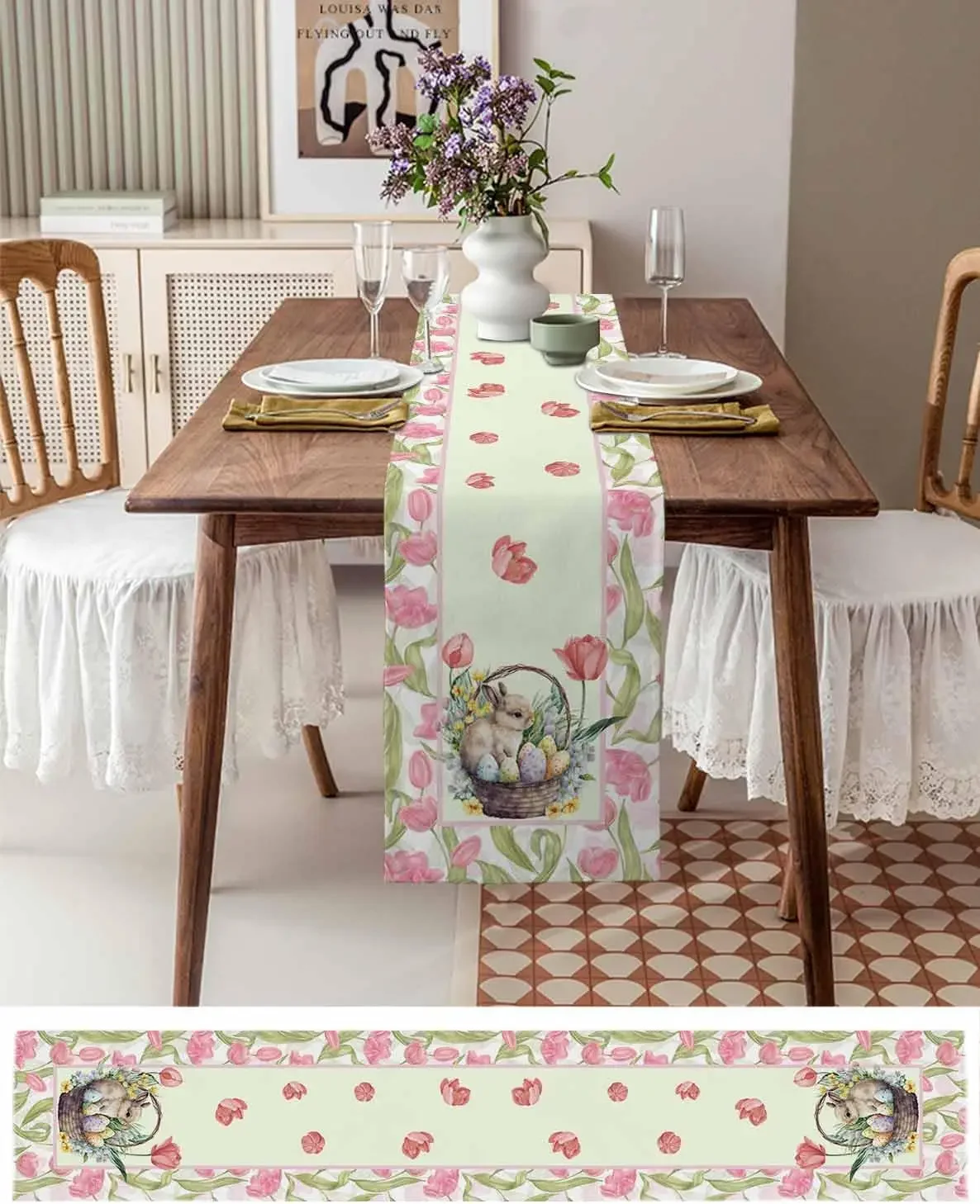Easter Bunny Egg Tulips Floral Linen Table Runner Dresser Scarves Table Decor Kitchen Dining Table Runner Easter Decorations