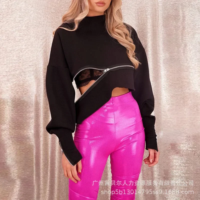 Women Sweatshirt Zipper Splice Pullovers Long Sleeve Sweatshirts Top Solid High Street Casual Straight Office Lady 2024