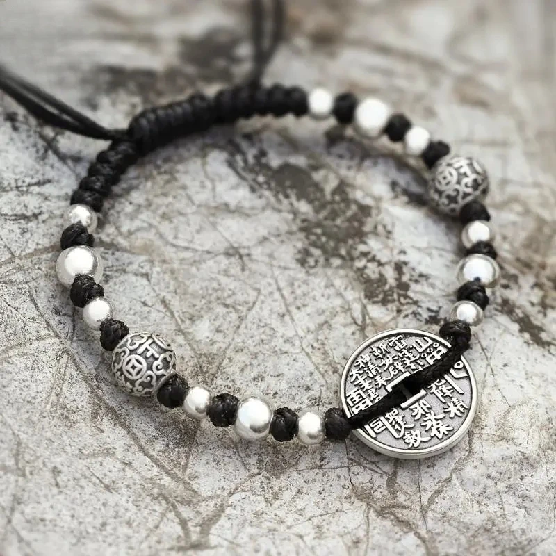 Ethnic Style Tibetan Taoist Mountain Ghost Spending Men's Bracelet Coins  Bracelet Men's Black Color Woven Rope Hand Ornament