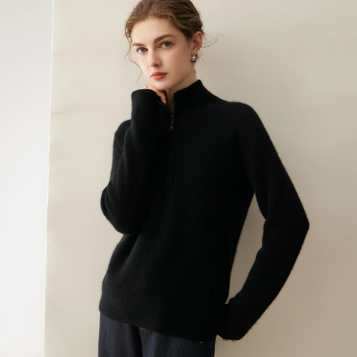 100% Cashmere Pullover Womens Thick Solid Color Knitted Half Zip Mock Neck Loose Fit High Quality Fall Winter Sweater  Style Top