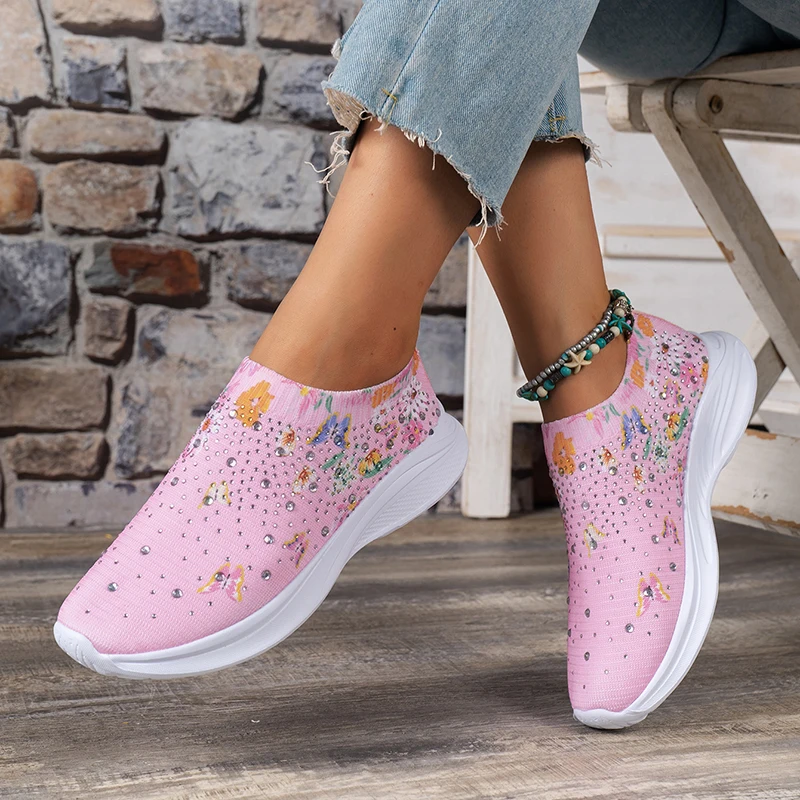 Stylish Printed Breathable Sneakers Women's Sparkling Crystal Socks Sneakers Flat-soled Loafers