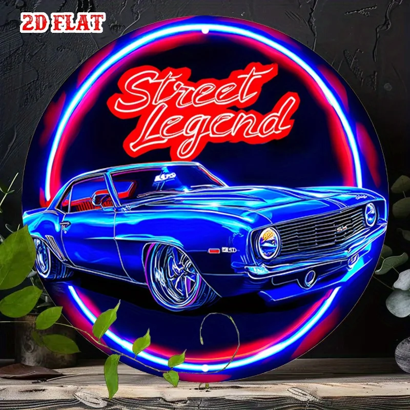 2D Flat, a Round Aluminum Sign with a Two-dimensional Flat Style - Classic Car Neon Glowing Blue Metal Iron Wall Art, 19.99x19.9