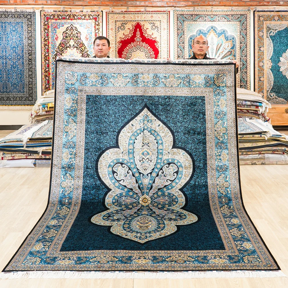 183x274cm Hand Knotted Traditional Blue Carpet Vantage Turkey Silk Rugs