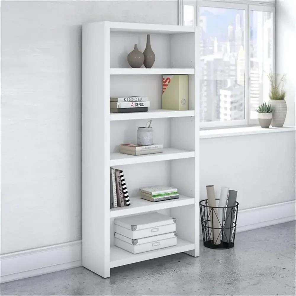 (Set of 2) Modern 5 Shelf Bookcase in Pure White