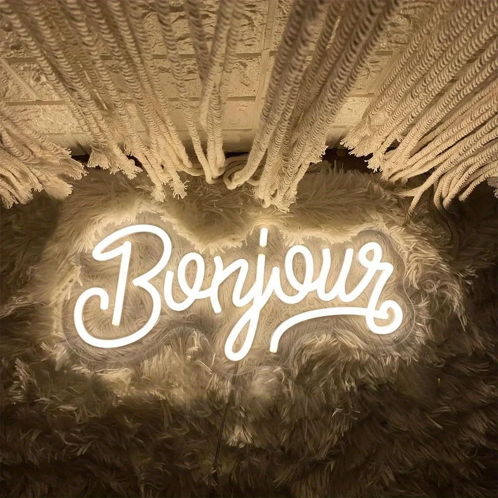 Bonjour LED Neon - Transparent Acrylic Design, USB Powered Dimmable LED Neon, Suitable for Cafes, Parties, Bar Wall Art