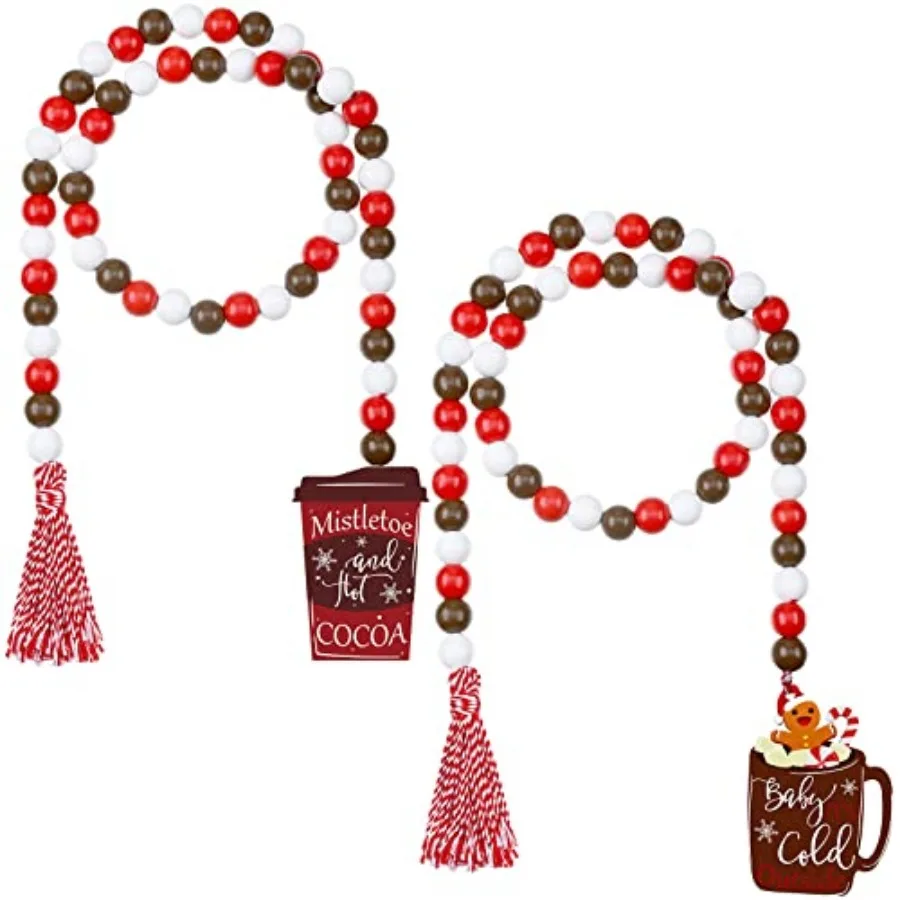 2 Pieces Christmas Wood Bead Garland Christmas Hot Cocoa Tiered Tray Decor Farmhouse Wall Hanging Wooden Beads with Tassels Gin