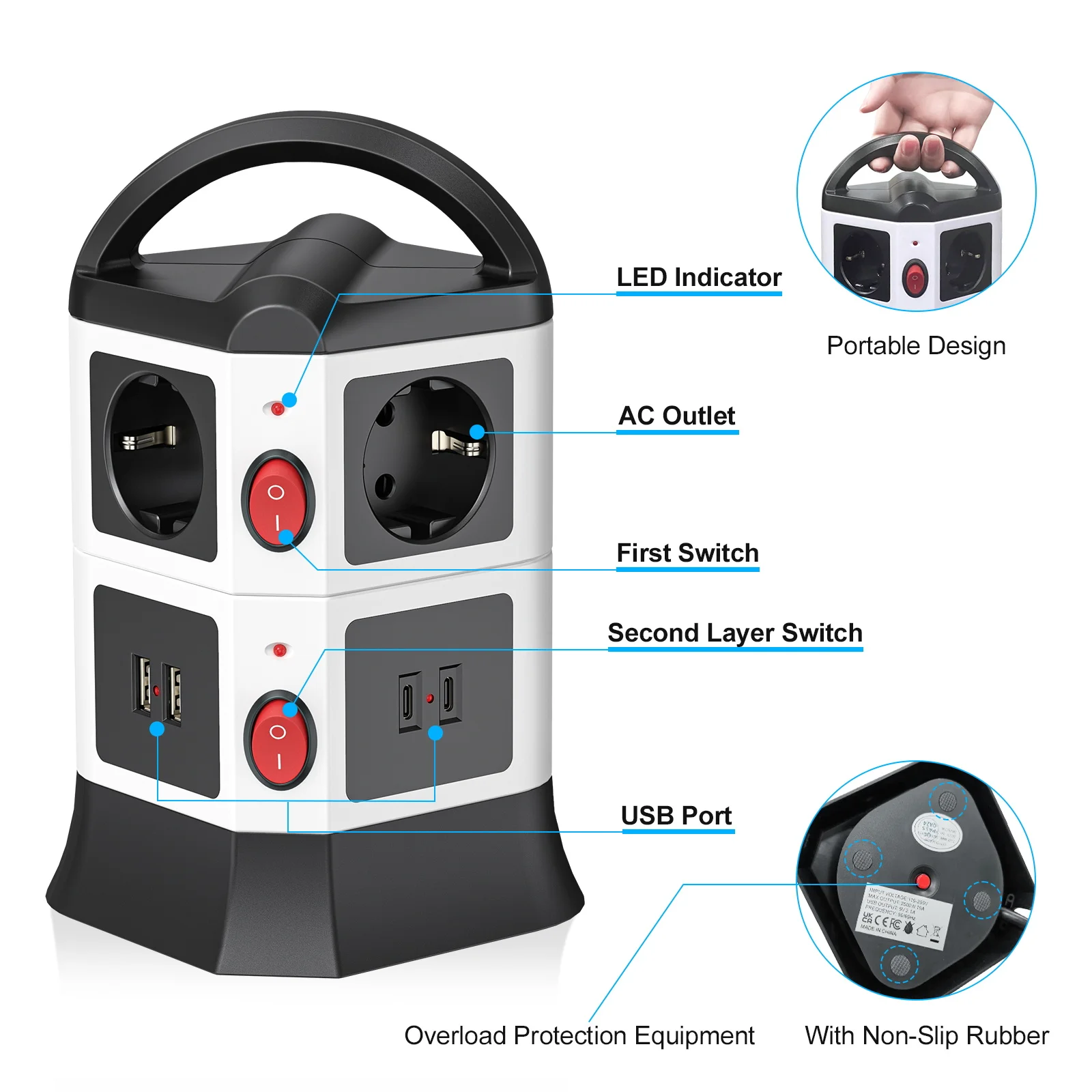 EU Tower Power Strip 6 Way Outlets Vertical Power Socket with 2 USB 2 Type C 2M Extension Cord Multi Plug Overload Protector 10A