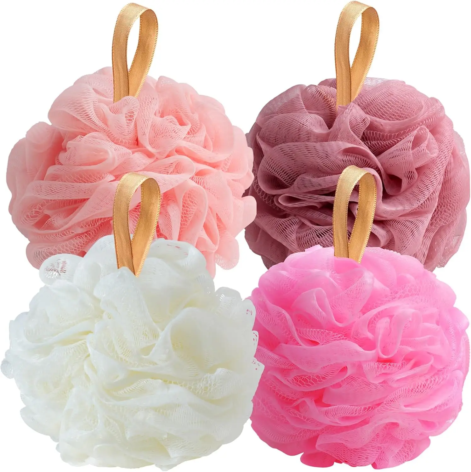 

Pack of 4 Pink Loofah Bath Sponges, Soft Exfoliating Mesh Shower Puff, 50g Each