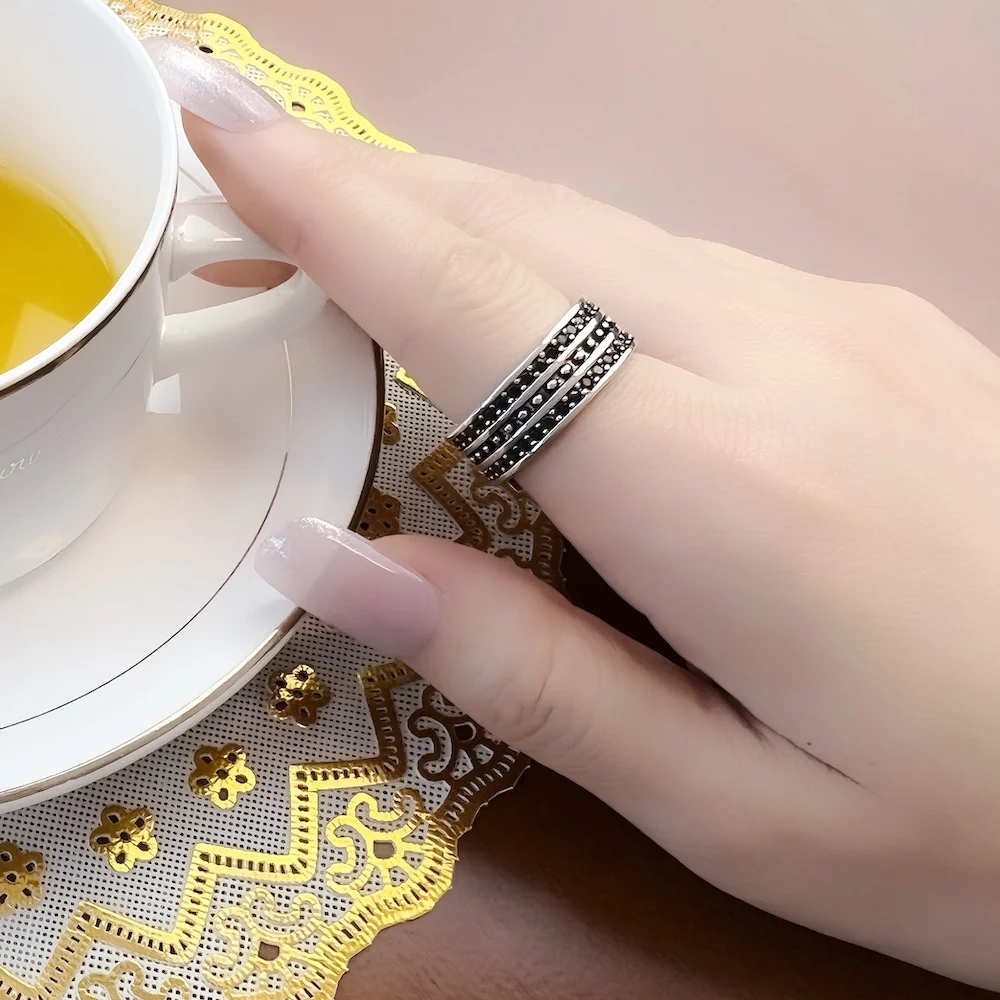 Band Ring Black CZ Pave Europe Style Vintage Jewelry Fine Jewerly For Women Men Gift In 925 Sterling Silver