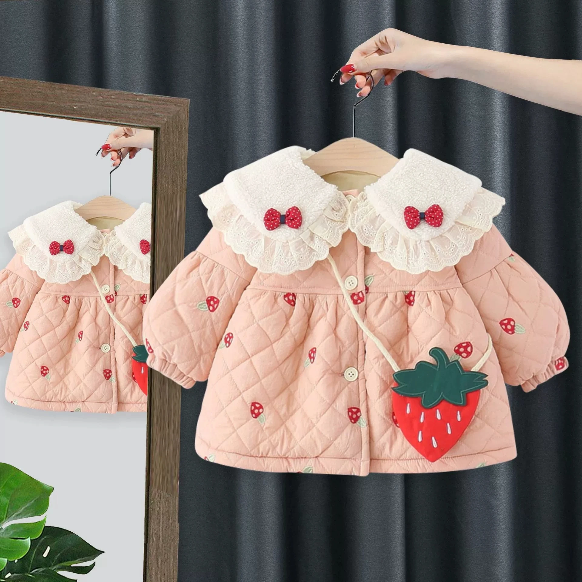 

Winter newborn baby clothes coats for infant girls clothing bow lace fur collars cotton jacket outerwear baby 1st birthday coats