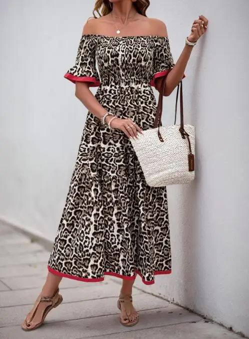 

2025 New Vintage Off-Shoulder Mid-Length Dress Fashionable Personalized Lotus Leaf Sleeve Leopard Print Dress