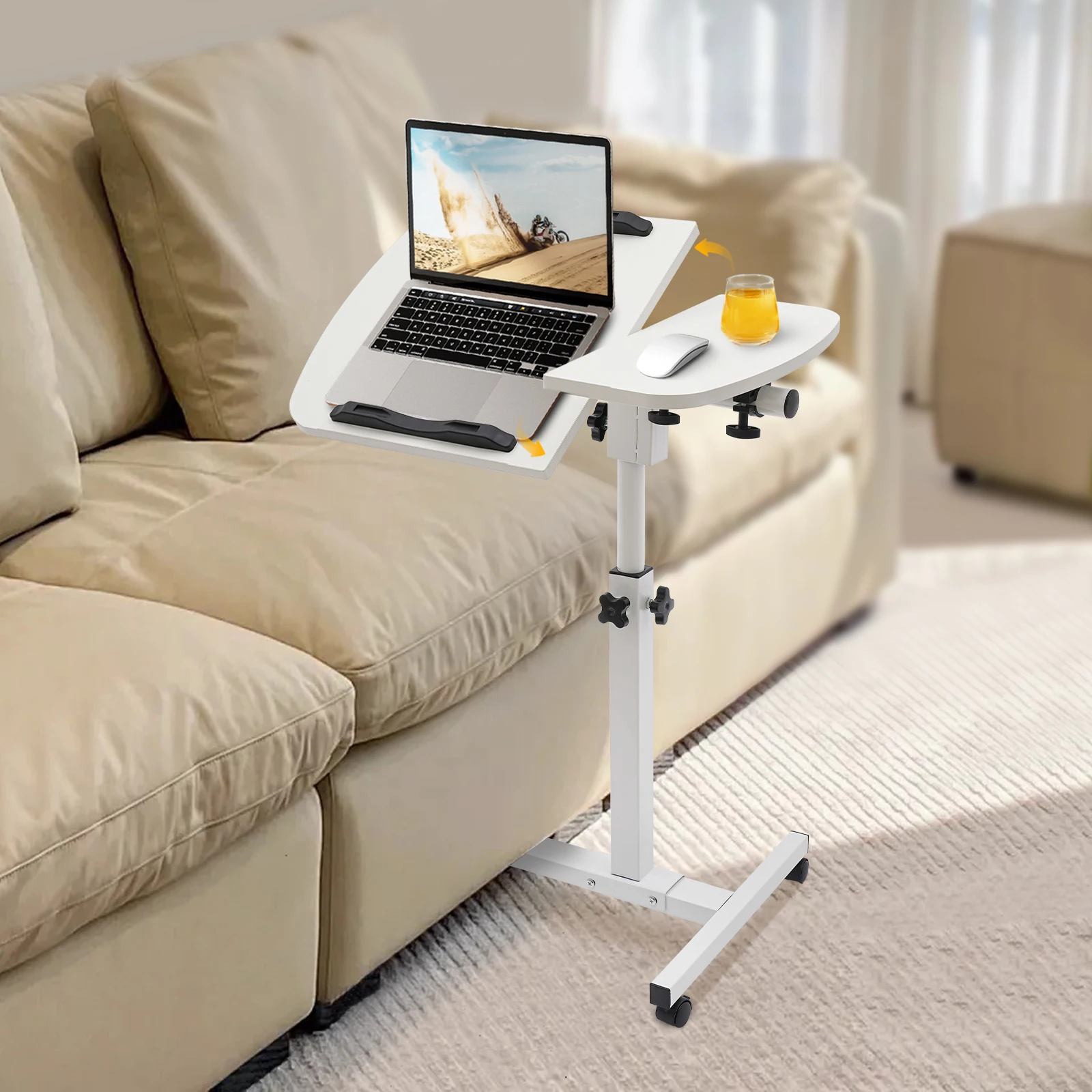 

360° Adjustable Laptop Desk Stand Tilting Overbed Table with Wheels Mobile Laptop Table Foldable Rolling Bedside Desk 60*40cm