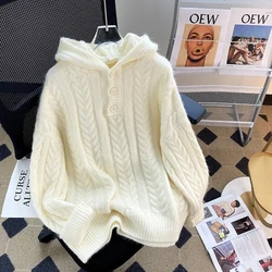 Women's Korean Lazy Style Sweater, Women's Outside Wear, Thick Warm Knitted Jacket, Hooded Tops, Autumn, Winter, New, 2023