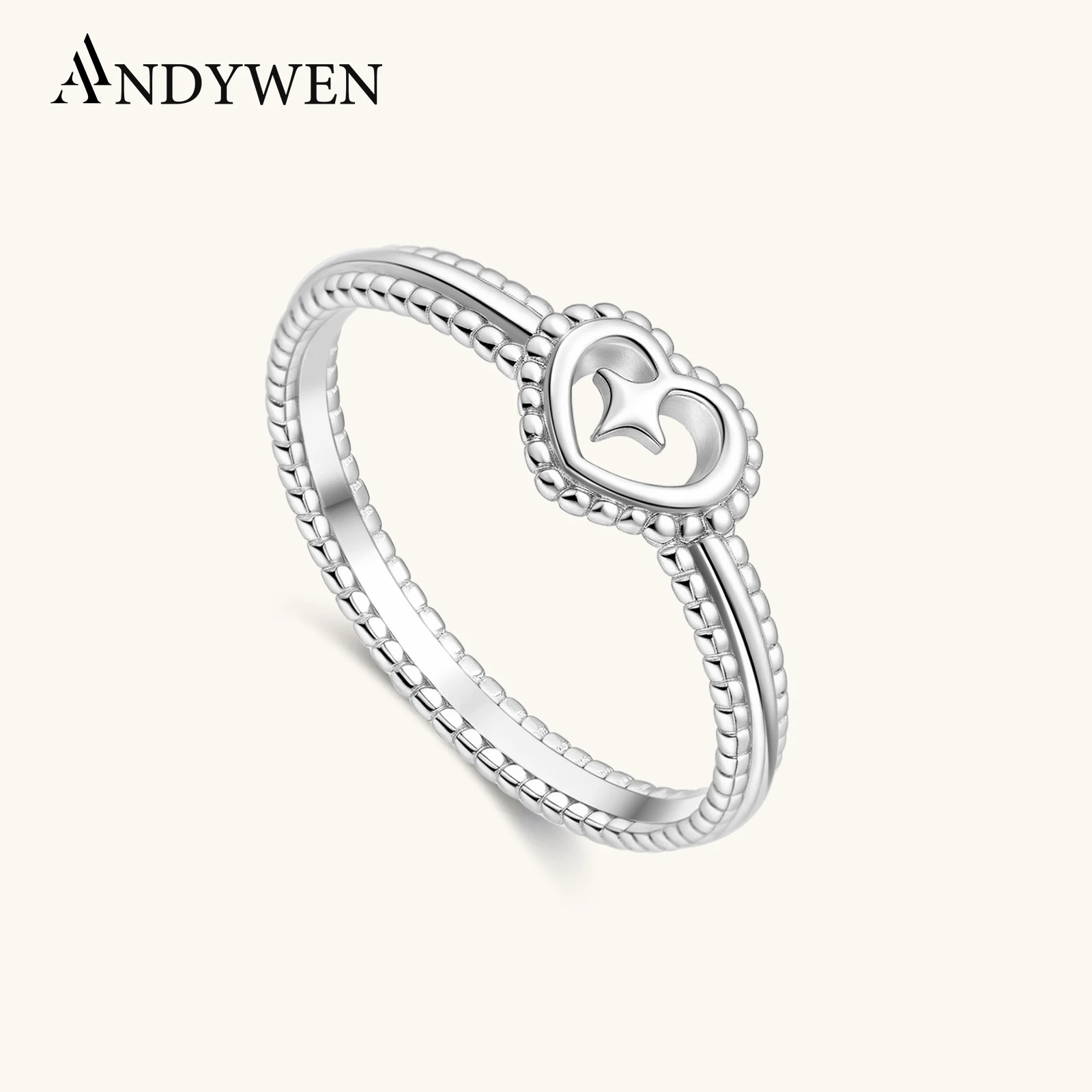 

ANDYWEN 925 Sterling Silver Bead Edge Hollow Heart Star Ring Plain Dainty Minimalist Sweet Daily Jewelry 2025 Women Gift