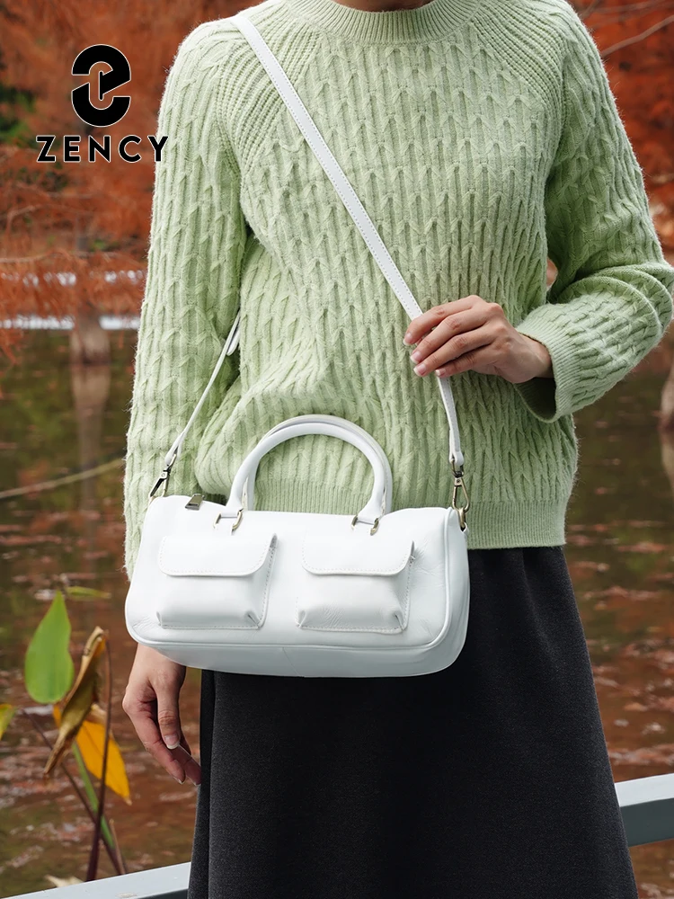 Zency Cowhide Leather Design White Handbag Women Shoulder Bag Multi-functional Crossbody Bag Front Pockets for Small Items