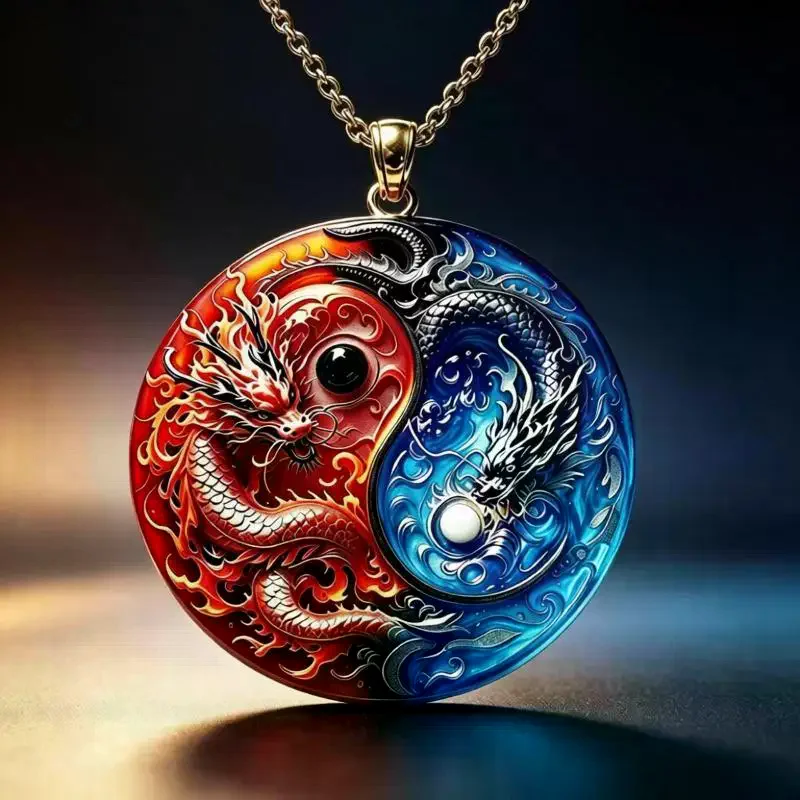 Yin Yang Twin Dragons Necklace Premium Enamel Mythical Pendant Trendy Choker Adjustable for Couple Matching Jewelry Gift