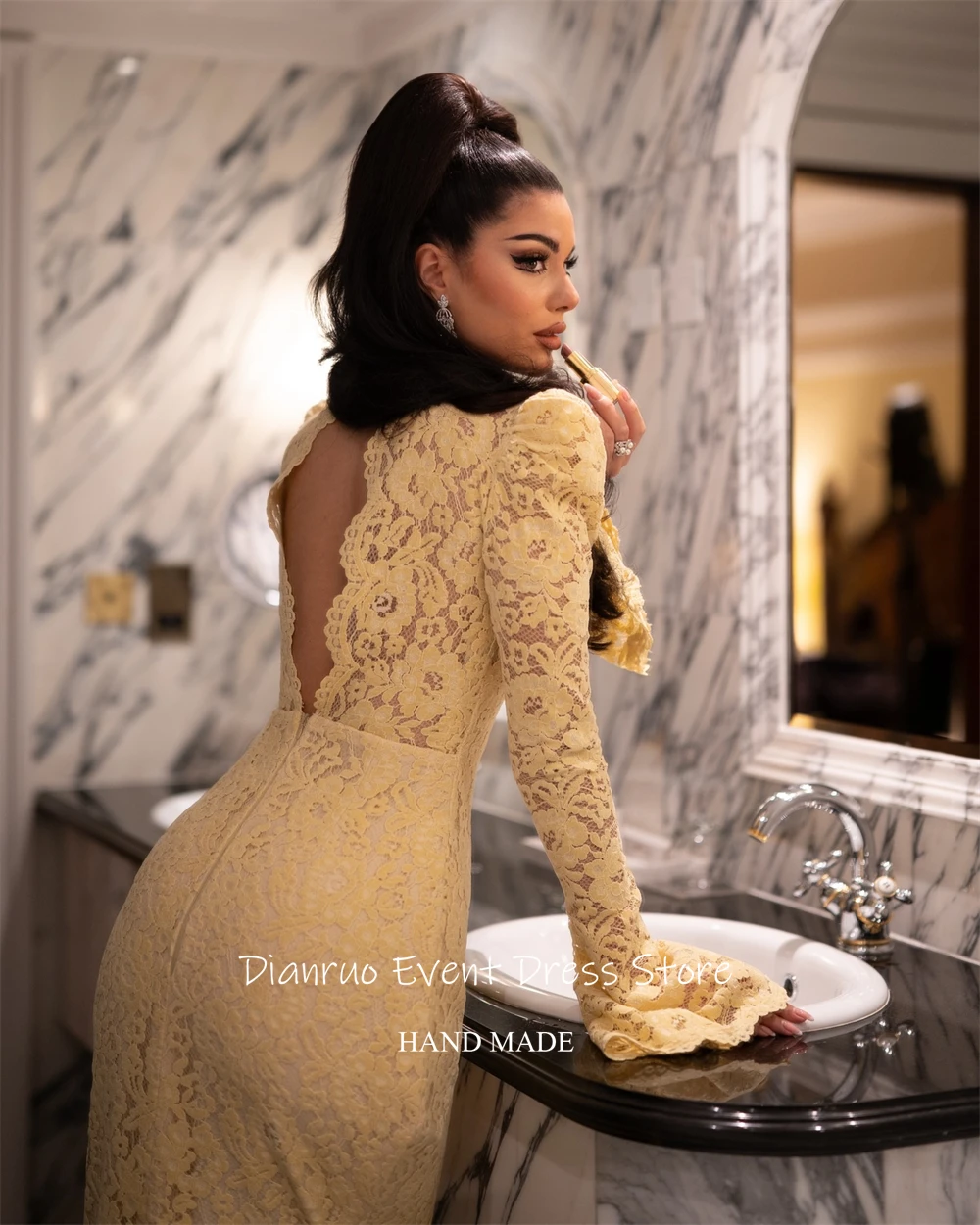 Dianruo jaune col haut Robe De Soirée longue haute fente Vestido Festa Appliques moderne découpé dentelle Robes De Soirée personnalisé