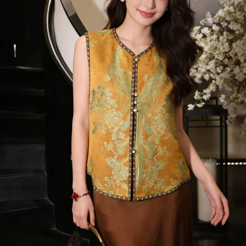 Spring And Summer New High Quality O-Neck Silk Fabric   Phoenix Jacquard Positioning Cut Women's Vest S-XL
