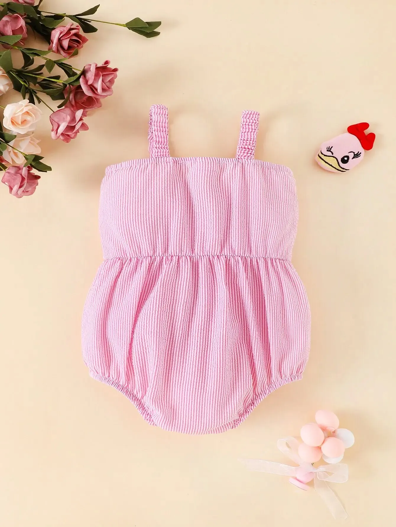 Summer Baby Girl Sweet New Style Cute Casual Halter Onesie Pink Stripe Pink Bow Travel Vacation Comfort Onesie