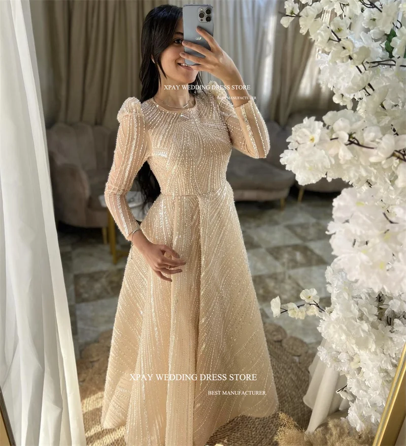 XPAY-Robe de Soirée en Dentelle Pailletée pour Femme Musulmane, Caftan à Manches sulfet Col Rond, Dubaï, Arabe