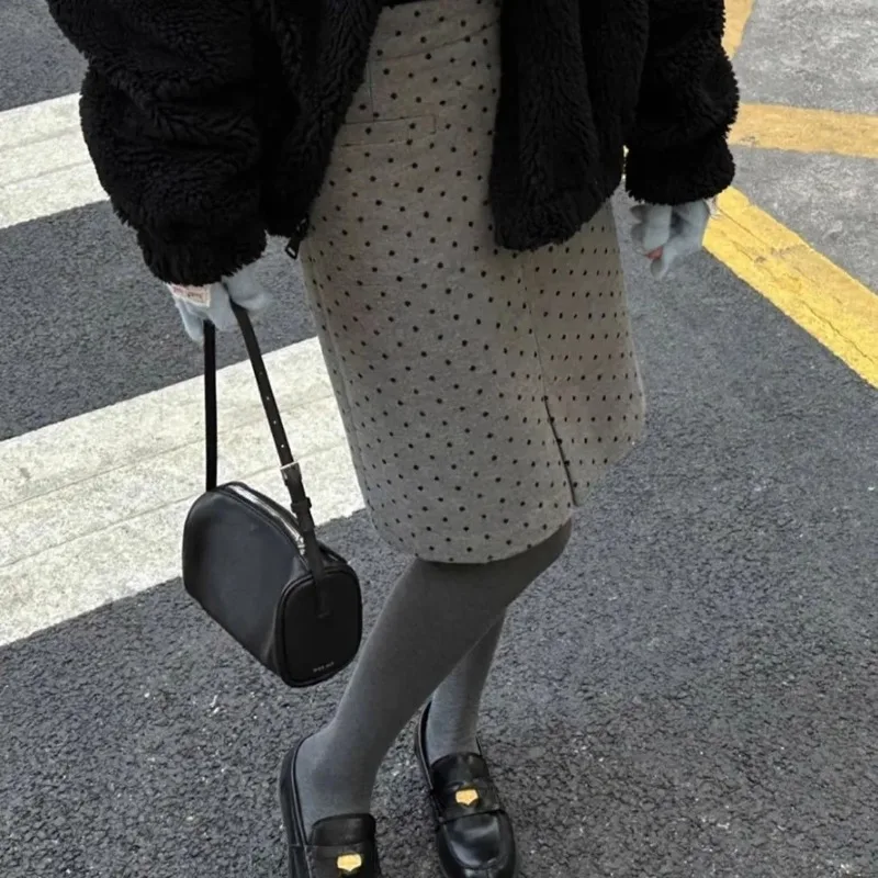 Women French Polka Dot Midi Skirt High Waist Split Straight Wool Blend Petite Casual Skirts