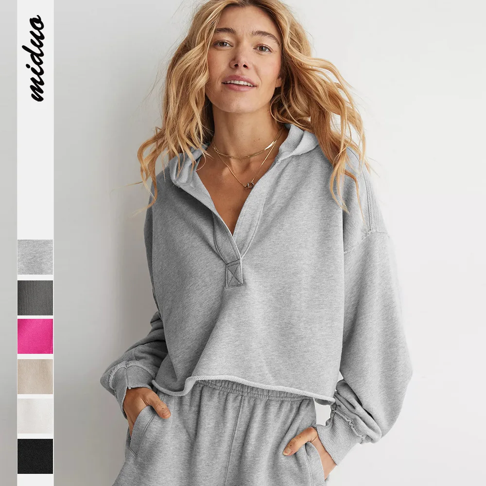 

Women's Spring Autumn Hooded Sweatshirt Long Sleeve Solid Color V Neck Crop Hoodie