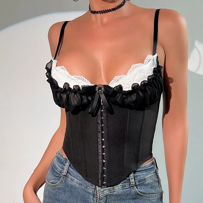 

Elegant Ruffle Lace Crop Vintage Corset Camisole Summer Bowknot Buckle Slim Crop Tops Tank Sweet Lace Corset Camisole Y2k Tanks