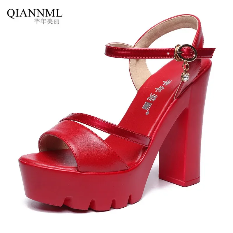 14cm Extreme Block High Heels Shoes for Model Wedding Party Summer 2024 Plus Size 32 33-43 Sexy Chunky Platform Sandals Red