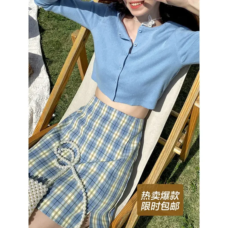 Blue Tartan Skirt Women's Summer High Waist Skirt Split A- line Dress Woman Skirts Mujer Faldas Saias Mulher