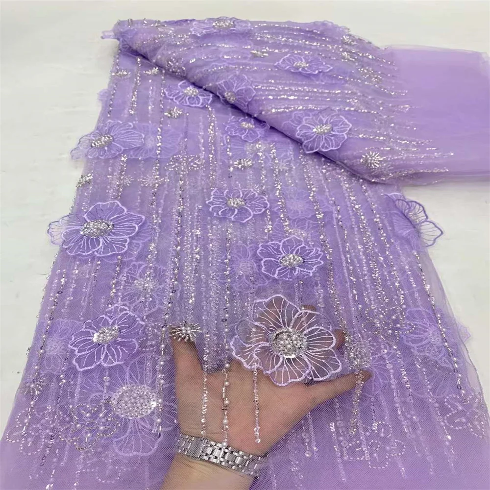 2024 Latest African 3D Flower Lace Fabric Beaded Sequins Tulle Lace Fabric Embroidered Applique Nigerian Fabric for Dress Sewing