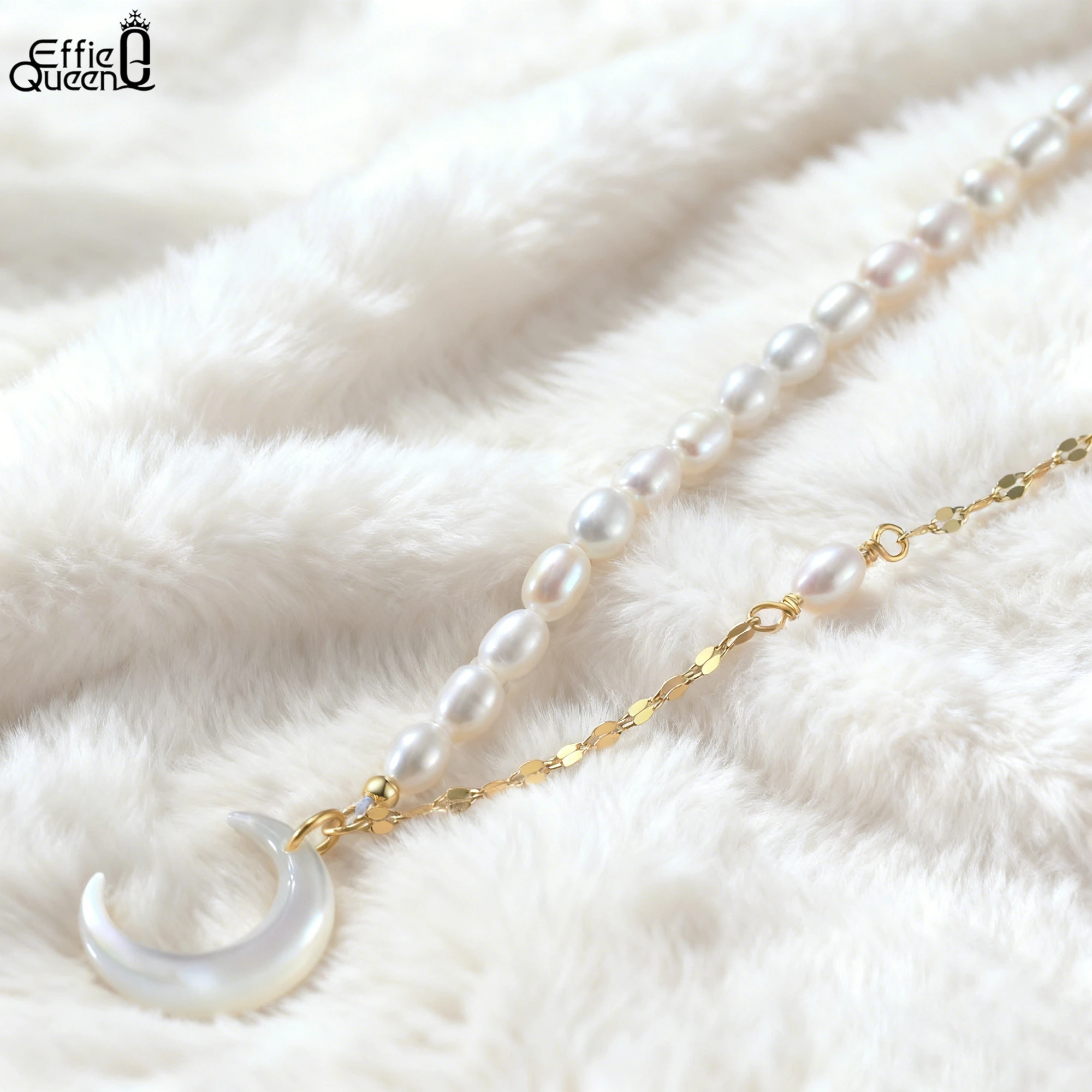 

EFFIE QUEEN Genuine 925 Silver 14k Gold Moon Pearl Pendant Necklace Natural Jewelry for Women Wedding Party Banquet Gift GPN53
