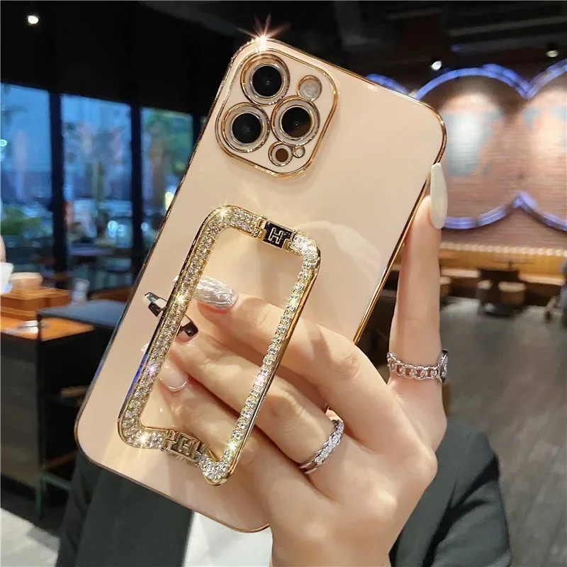 Korea Glitter Square Holder Phone Case For iPhone 16 15 14 13 12 11 Pro Max Mini Plus Crystal Metal Ring Stand Shockproof Cover