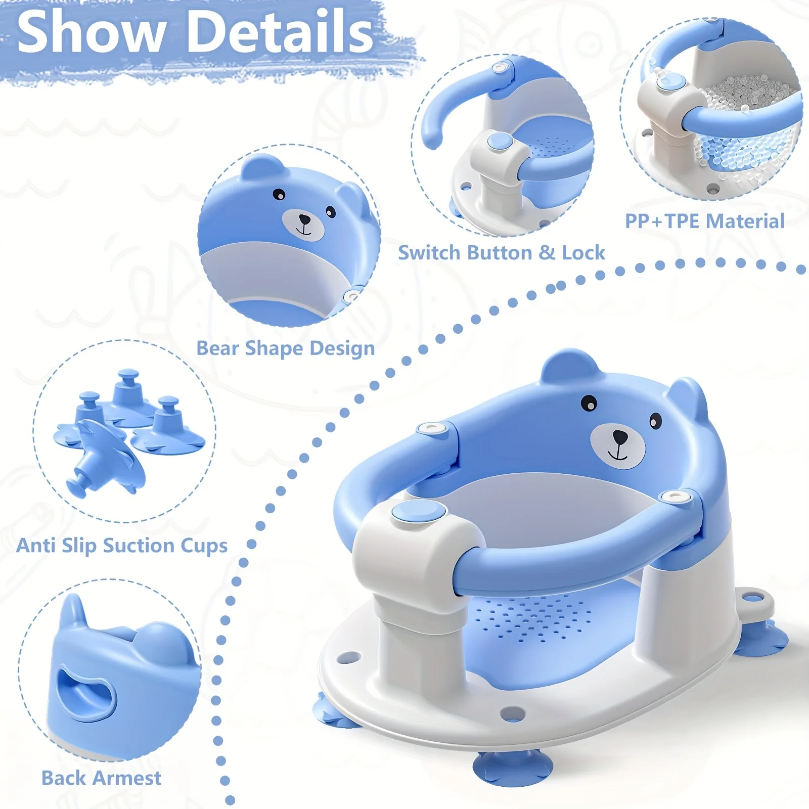 1Pc Baby Bath Seat for 6M+, Non-Slip Bath Chair with 4 Suction Cups & Soft Pad, Compact Portable Shower Seat for Infants