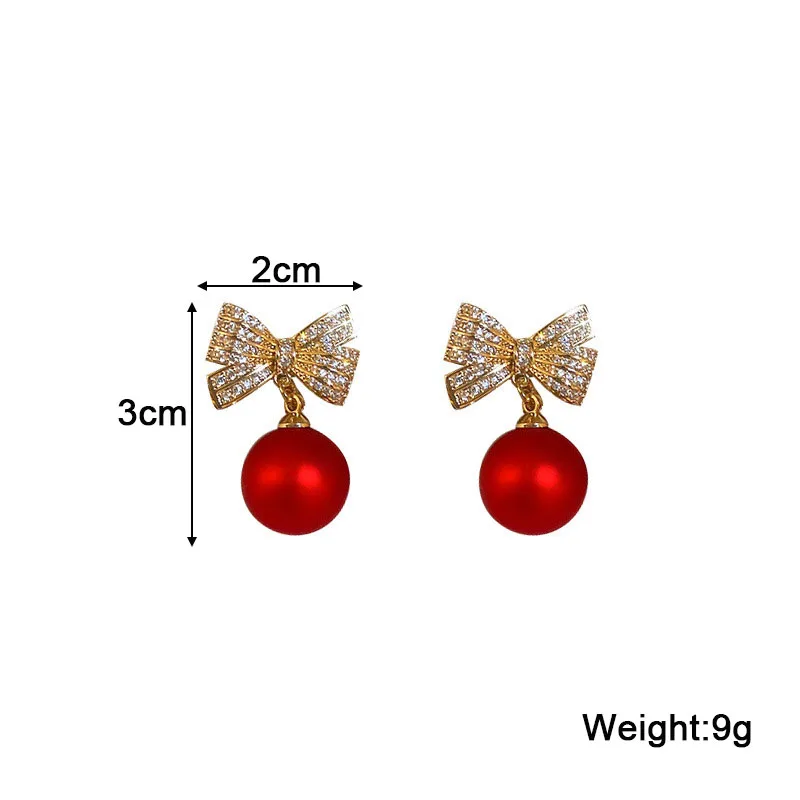 Red White Pearl Pendants Women's Dangle Earrings Crystal Bowknot Top Round Ball Drop Earrings Elegant Party Ear Jewelry Brincos