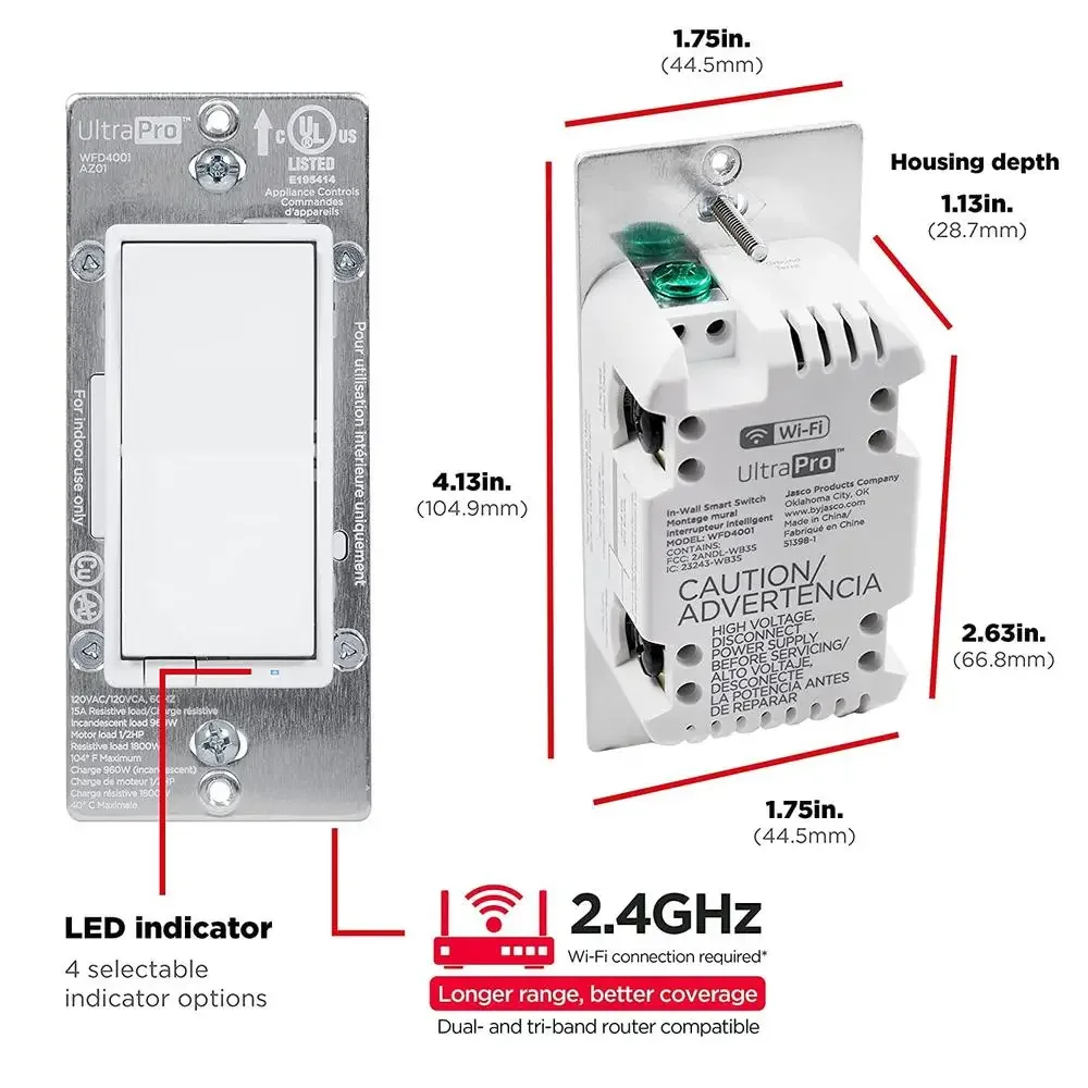 Interruptor de luz inteligente 2.4GHz Wi-Fi QuickFit SimpleWire Alexa Google Assistant ON-OFF Controle de 3 vias 15A 120V UL listado