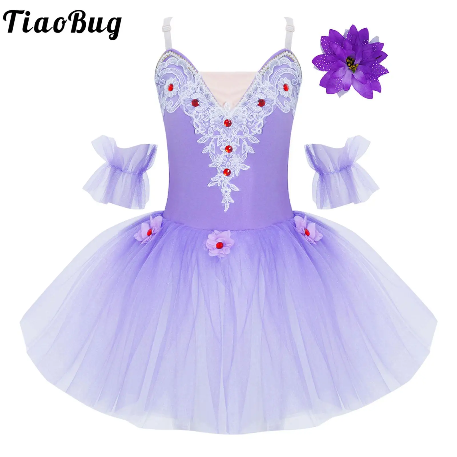 

Kids Girls Lace Applique Rhinestone Ballet Dance Tutu Dress Flower Pattern Leotard Tulle Dress Dancing Performance Costume