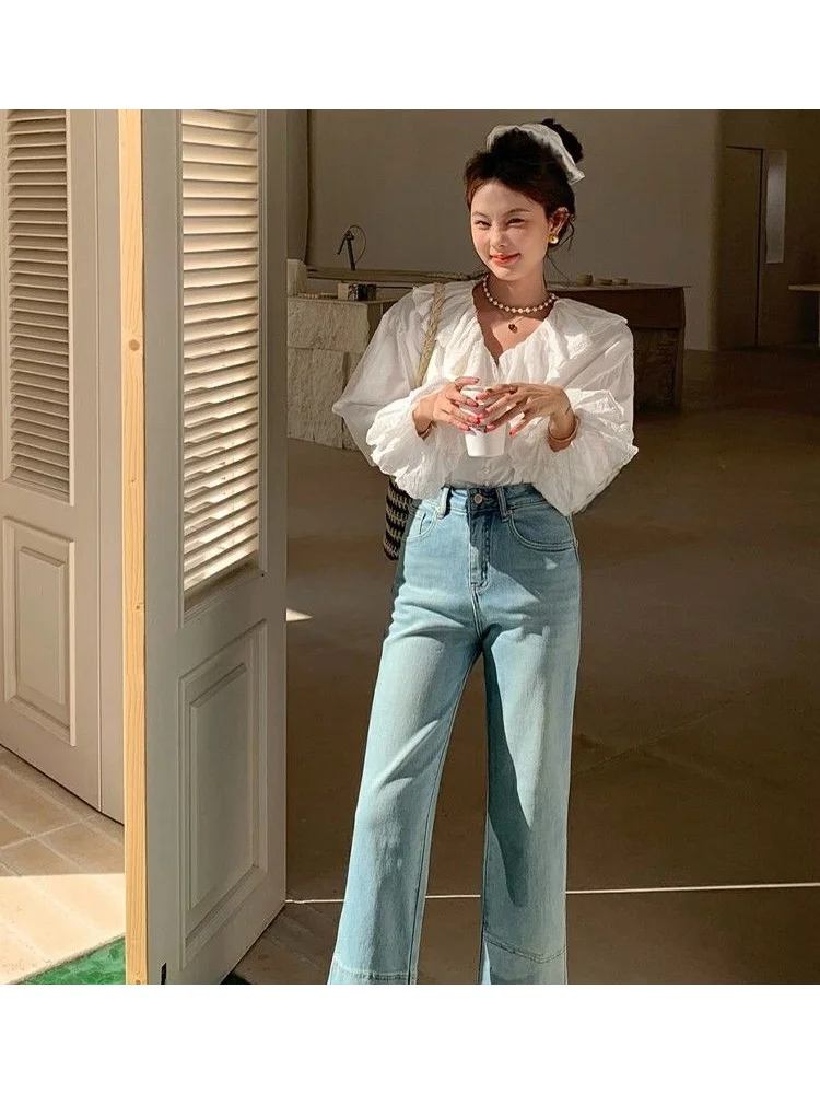 

Light Wa High Waist Straight Leg Jeans Women's Autumn Winter Thin Loose plus Size Slimming Nine Point Wide Leg Pants